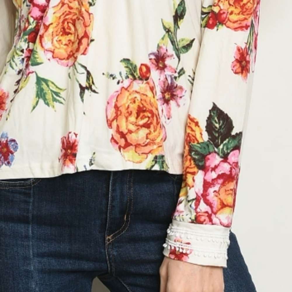 Very Soft Off Shoulder Ivory Floral Blouse - Picture 6 of 8